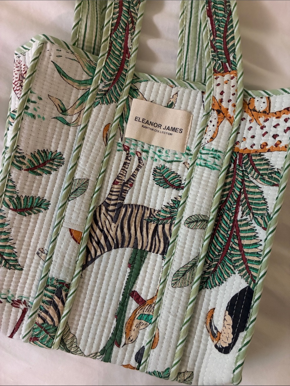 Eleanor James White and Green Mini Bag – Kantha-Inspired Zebra Print